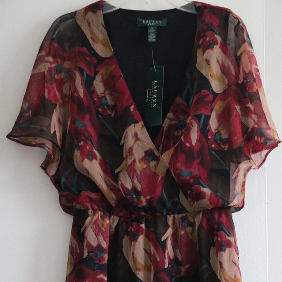 Ralph Lauren Dress Black Multi Floral V Neck 2 XS New - Picture 4 of 8